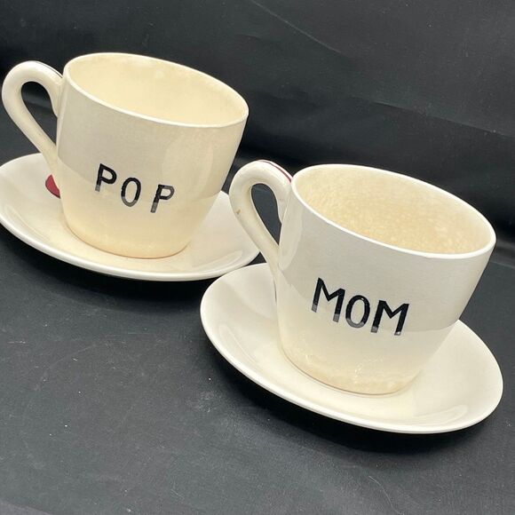 Vintage Mom & Pop Teacups Mugs w/ Matching Bow Saucers 1950s Relco Mid-Century - Picture 2 of 11